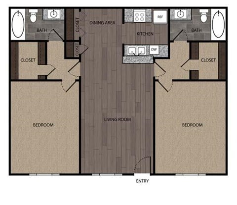 Floor plan for 2 beds, 2 baths, 1008 sqft